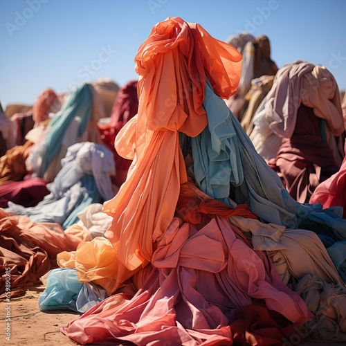 mountain of discarded clothes, textile waste, consumption problems and \