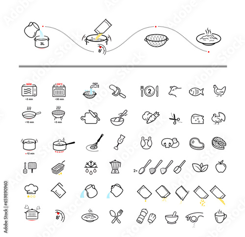 Cooking preparation icon set. Set of sign for detailed guideline of preparation food. Vector elements on a white background. Ready for your design. EPS10.