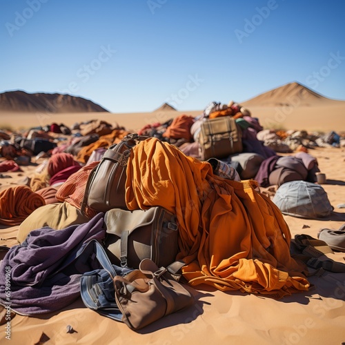 mountain of discarded clothes, textile waste, consumption problems and "fast fashion", Discarded things, pollution of the planet with synthetic products.