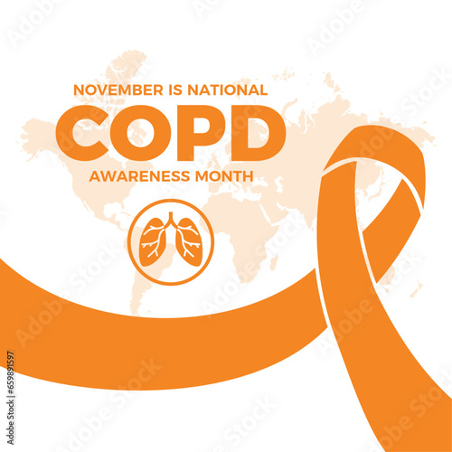 November is National Chronic Obstructive Pulmonary Disease Awareness Month vector illustration. COPD awareness month poster. Orange awareness ribbon and human lungs icon vector. Important day