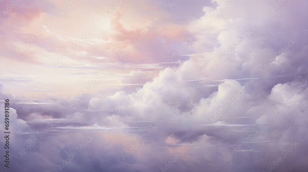  a painting of clouds in the sky with a plane in the foreground.  generative ai