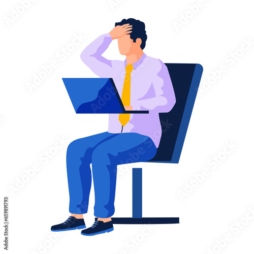 Frustrated man unhappy sit in front of laptop squeezing head with hands. Emotions and body language concept. Stress, tension and migraine. Businessman shocked by bad news using computer at work