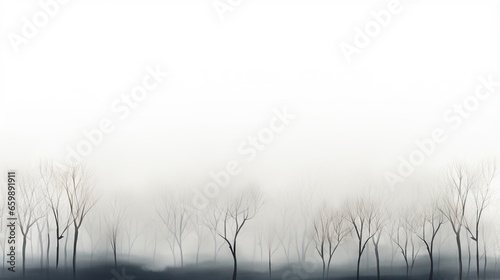  a black and white photo of trees in the fog with a sky background. generative ai