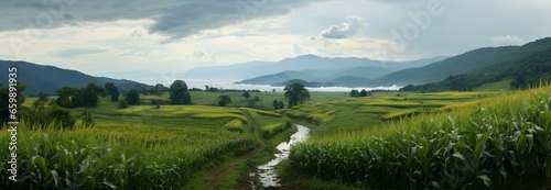 Scenic beauty: a rainy season panorama of verdant corn fields