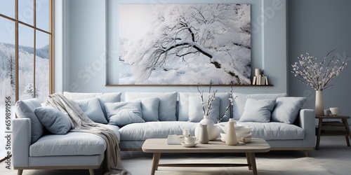 AI Generated. AI Generative.Hige luxury modern light livingroom with frame tree and soft cozy colors.  Graphic Art © AkimD