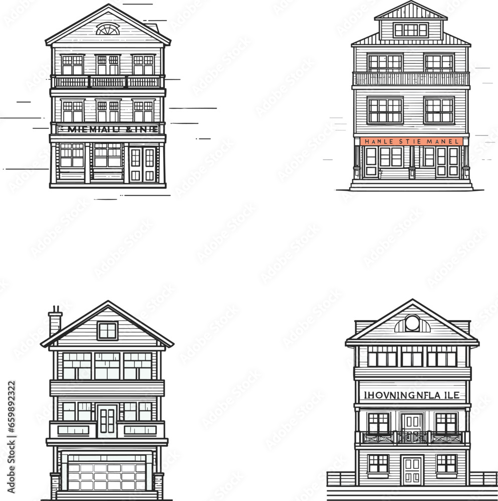 A set of illustrations of a simple beach house icon cityscape