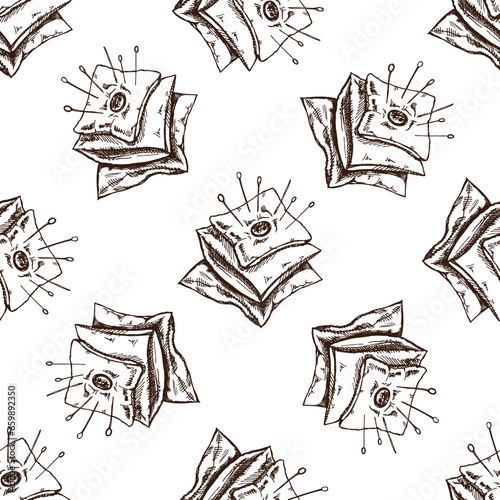 Seamless pattern of hand drawn pincushion with needles and pins. Handmade, sewing equipment concept in vintage doodle style. Engraving style.