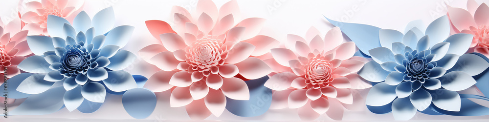 Fototapeta premium flowers paper sculpture ornament white background long narrow row.