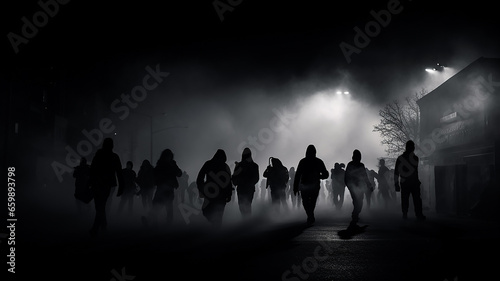 silhouettes of the crowd in the smoke on the street revolution riot.