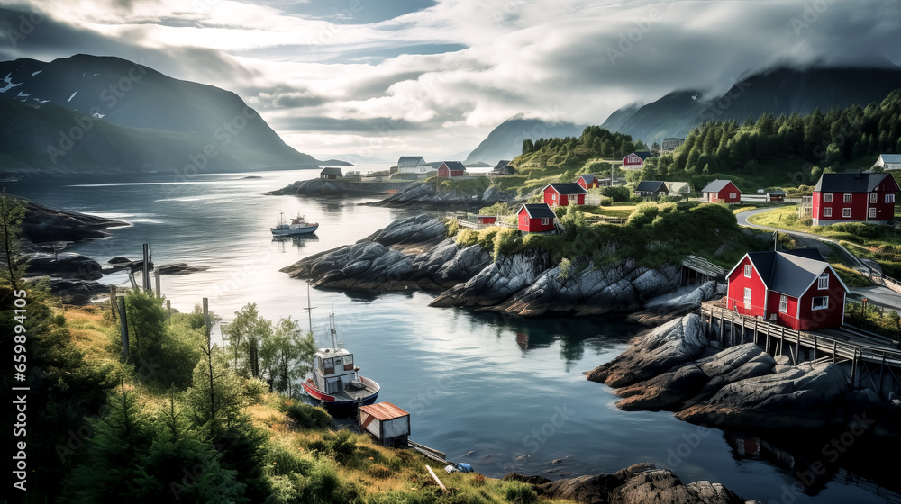 The image shows a scenic view of Engelsviken, Norway with a harbor and boats docked, surrounded by lush greenery and blue waters. 

List of 20