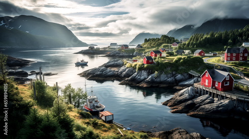 The image shows a scenic view of Engelsviken, Norway with a harbor and boats docked, surrounded by lush greenery and blue waters.List of 20