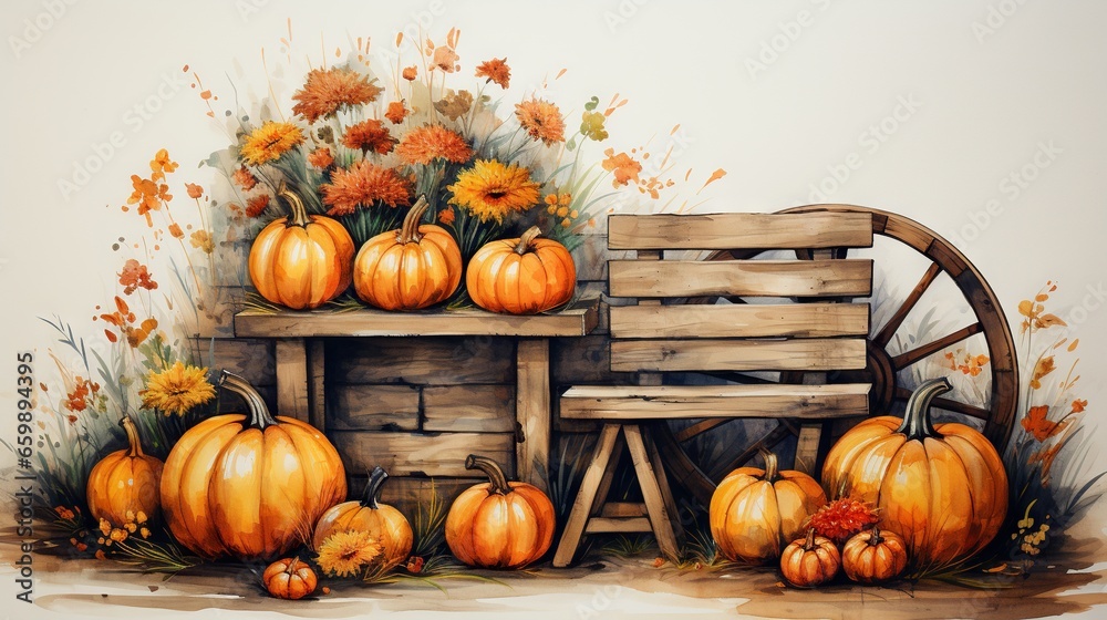  a painting of pumpkins and a wagon with flowers on it.  generative ai