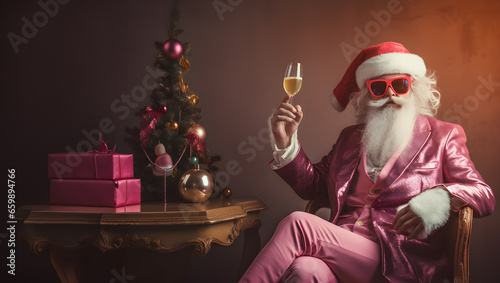 Contemporary Santa Claus with sunglasses and suit drinking wine in a decorated living room, with Christmas tree. and gifts. Creative New Year and xmas holiday concept banner. 
