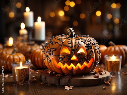 Sinister pumpkin as Halloween symbols tabletop home holiday decor. AI