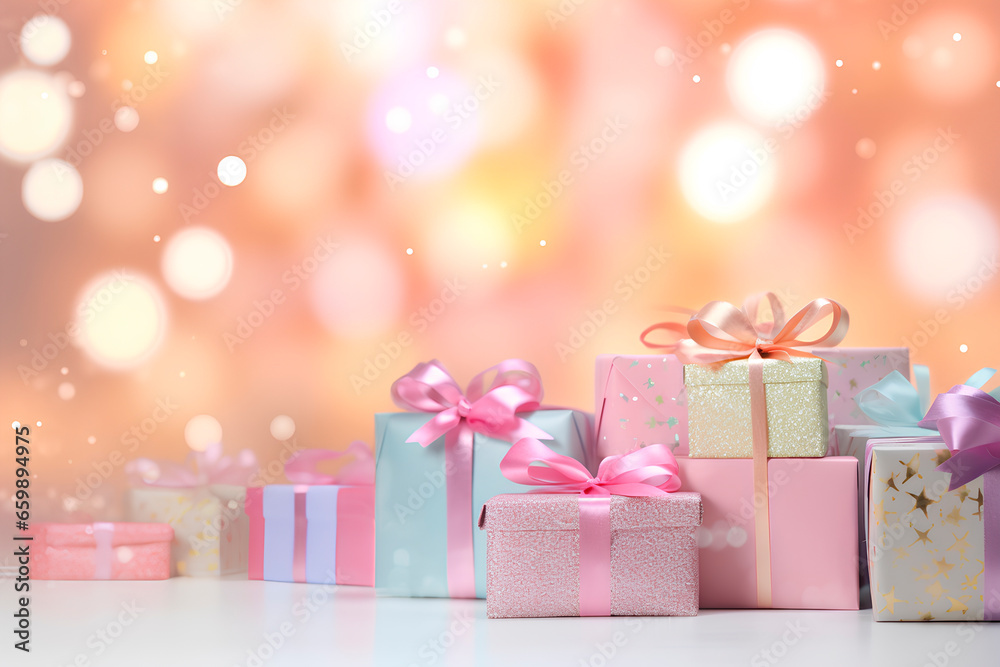 Pastel Christmas presents with boke background