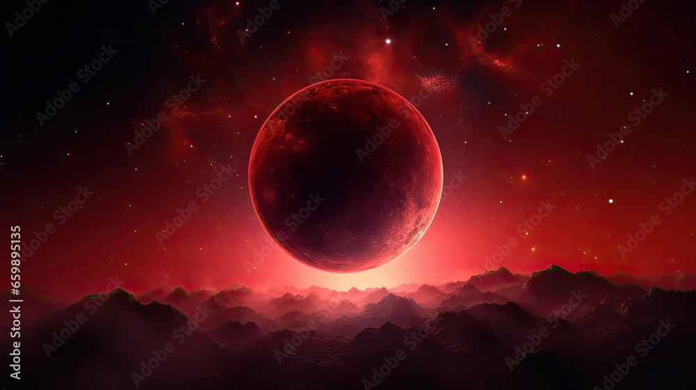 Red planet and moon in the outer space background.