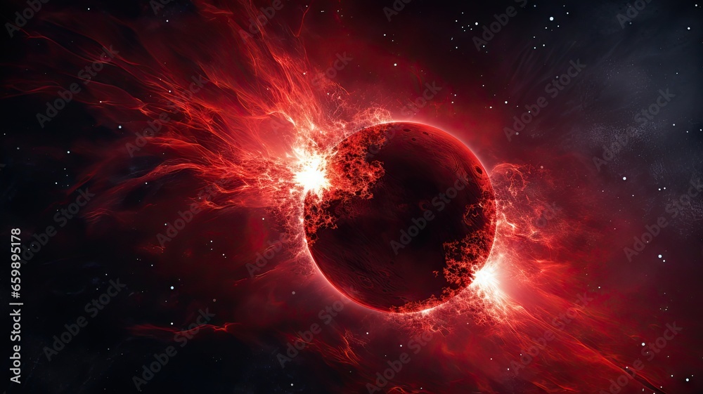 Obraz premium Red planet and moon in the outer space background.