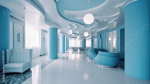 The interior of the lobby of the luxury hotel in white and blue tones, daylight