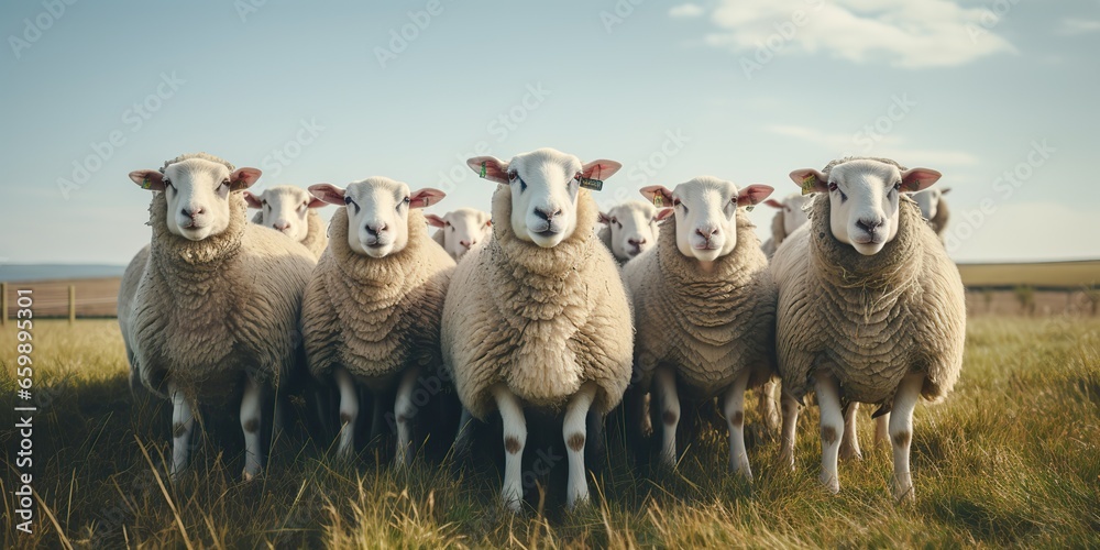 Fototapeta premium AI Generated. AI Generative. Group of sheeps standing on grass field looking at camera. Graphic Art