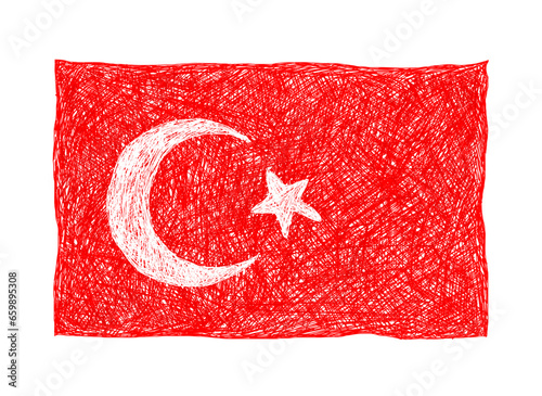 Flag of Turkey drawn in children's style with pencils, kids drawings