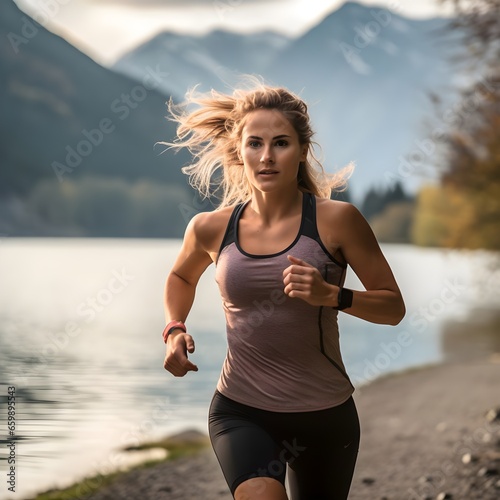 Young woman jogging at a lake © Benjamin