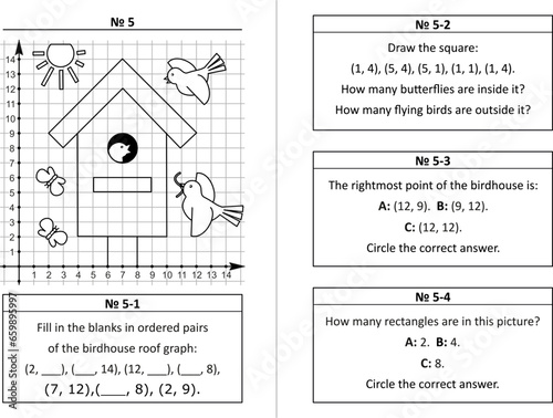 Coordinate plane learning quiz questions set 5. Two-page activity set. Educational math puzzles. No-prep, fun, engaging. Black and white, printable and photocopiable.
