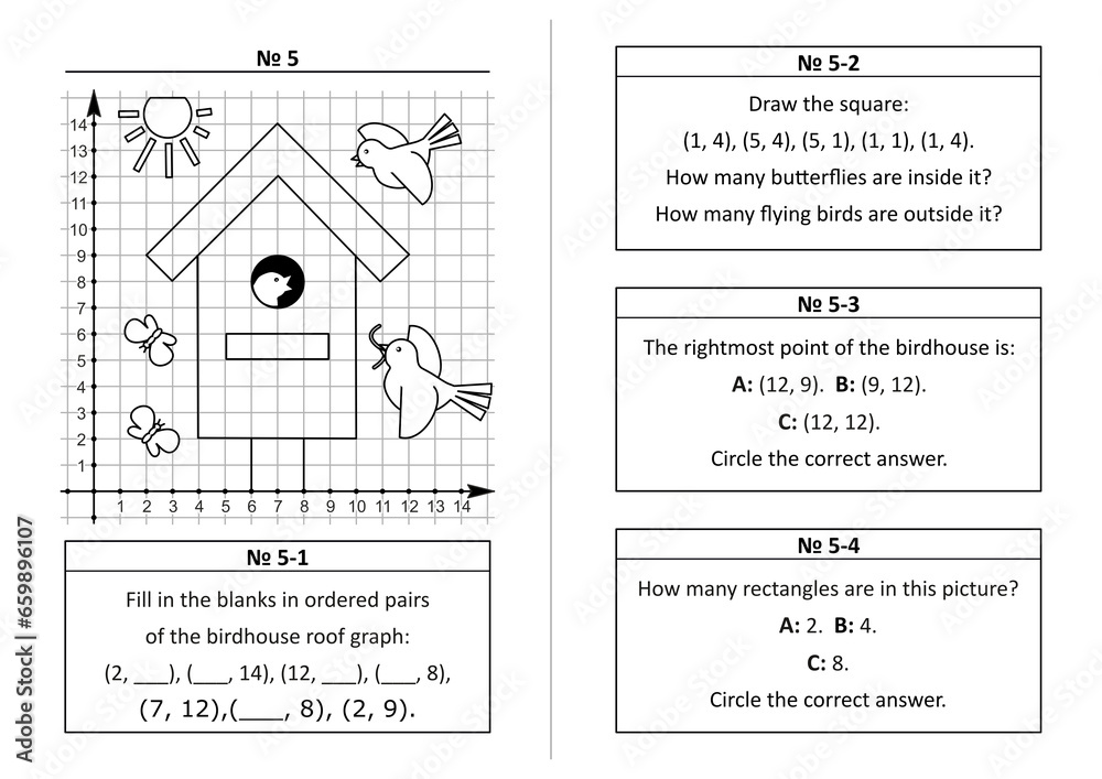 Coordinate plane learning quiz questions set 5. Two-page activity set. Educational math puzzles. No-prep, fun, engaging. Black and white, printable and photocopiable.
 - obrazy, fototapety, plakaty 