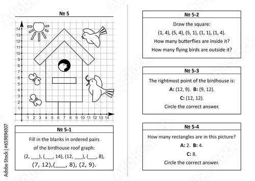 Coordinate plane learning quiz questions set 5. Two-page activity set. Educational math puzzles. No-prep, fun, engaging. Black and white, printable and photocopiable.
 photo