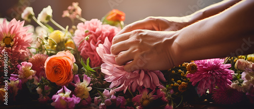 Macro Shot of a Person's Hands Engaged in Flower Arranging, Generative AI © Ozis