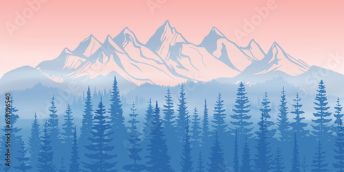 Sunrise in the mountains, forest and morning fog, vector illustration 