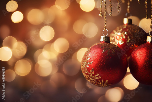 Merry Christmas ornaments. Red and Gold Christmas balls and lights Christmas tree on defocused lights Christmas with bokeh lights and stars. with soft and warm tones