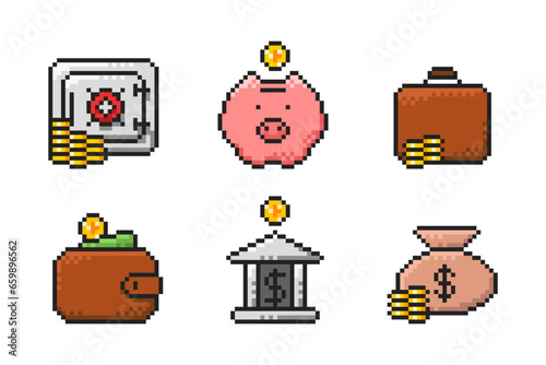 Set of Pixel Art icons financial instruments: coins, safe with money, piggy bank, wallet, bag of coins, gold coins, bank. Pixel game money 8-bit sprite, isolated vector illustration.