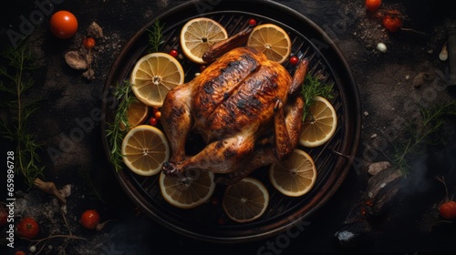 Top view of roasted turkey on a plate. Thanksgiving day