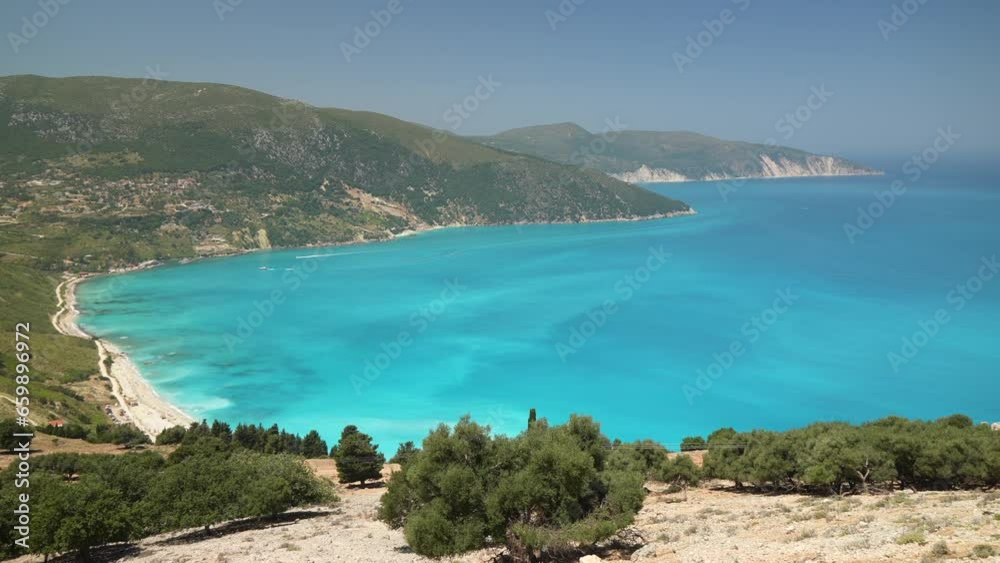 View of Aspros Gialos Beach and turquoise sea, Kefalonia (Cephalonia), Ionian Islands, Greek Islands View of Aspros Gialos Beach and turquoise sea, Kefalonia (Cephalonia), Ionian Islands, Greek Islands