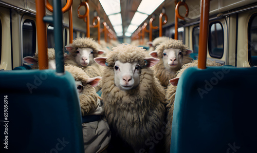 par analogie aux humains, des moutons sont entassés dans un wagon de métro