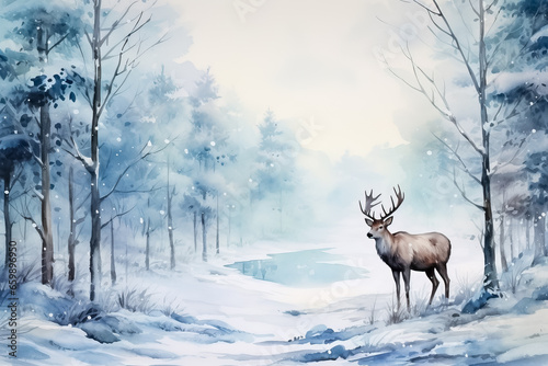 Watercolor sleigh and reindeer in snowy landscapes background with empty space for text  © fotogurmespb