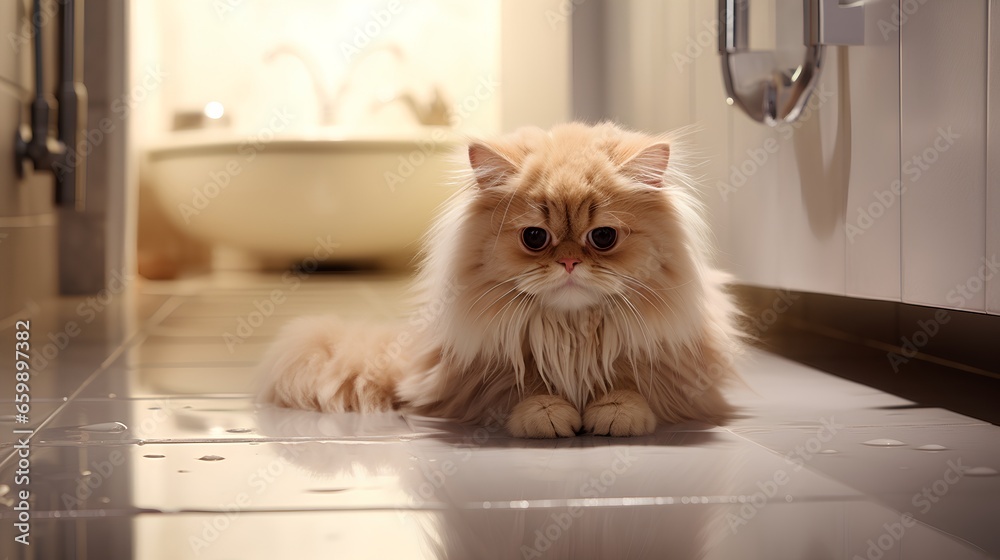 Sad domestic cat sitting on bathroom floor, looking ashamed after