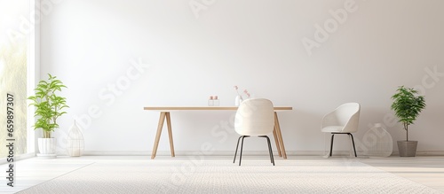 White spacious home area furnished with table chair and patterned carpet With copyspace for text