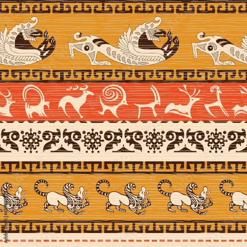 Seamless pattern, ancient Scythian art and petroglyphs, ethnic theme, vector design	