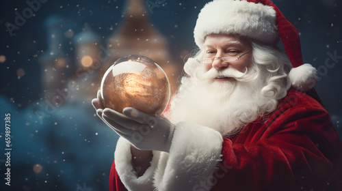 Santa Claus holds a globe in his hands © Taisiia