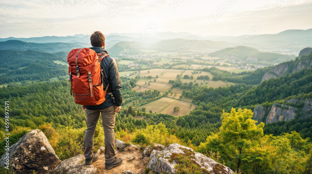 Man on top of a cliff, hiker with a hiking backpack looking at a beautiful landscape, vegetation and mountains