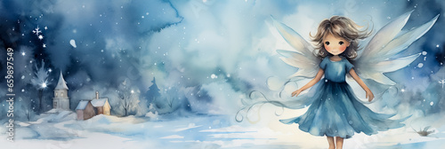 Watercolor snowy landscapes with Christmas angels background with empty space for text  © fotogurmespb