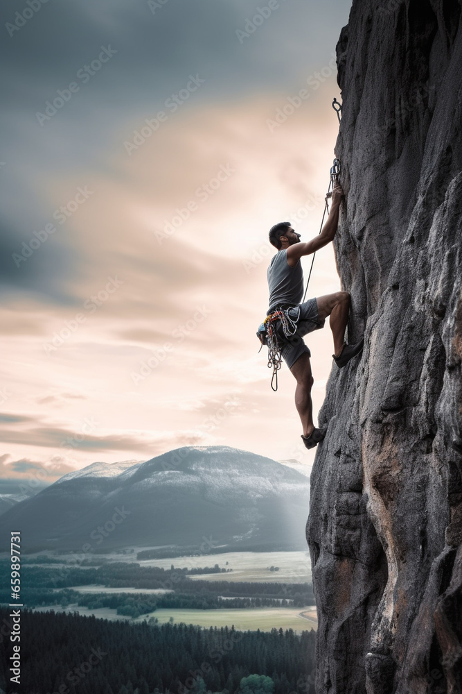 man climbing a wall of a mountain in outdoor sport - obrazy, fototapety, plakaty 