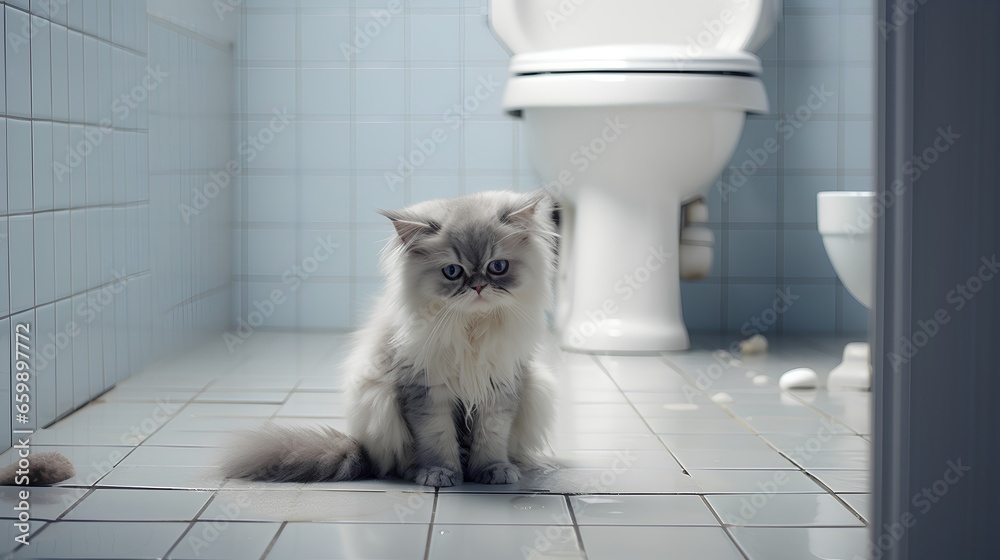 Sad domestic cat sitting on bathroom floor, looking ashamed after urinating outside the litter