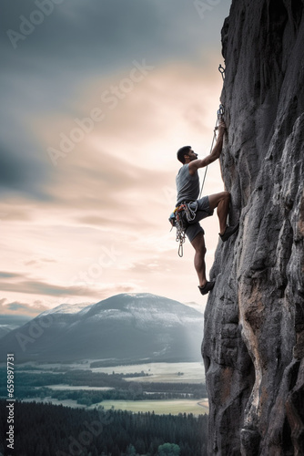 man climbing a wall of a mountain in outdoor sport
