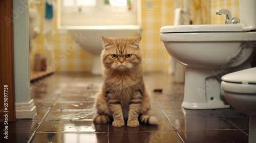 Sad domestic cat sitting on bathroom floor, looking ashamed after urinating outside the litter box. The image depicts a common pet toilet problem, with the unpleasant smell of cat urine in the air. photo