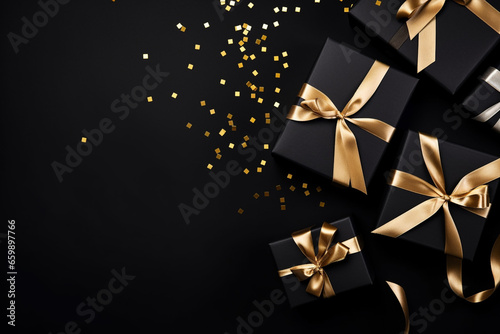 Black Friday black gifts boxes. New Year and Christmas background © Daria