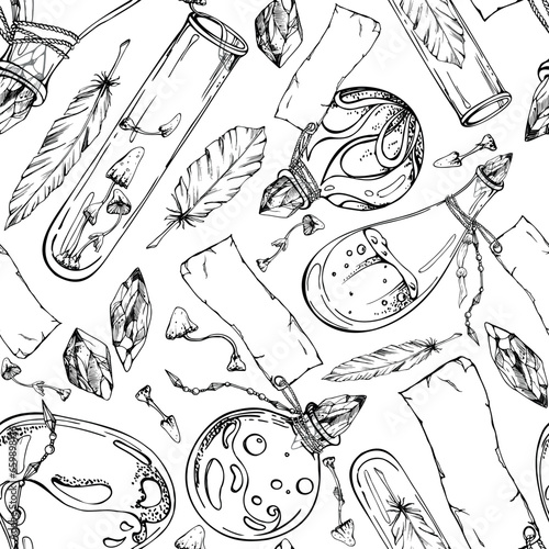 Hand drawn ink vector witch glass potion vials, poison mushrooms, crystals, feathers. Illustration art Halloween occult witchcraft. Seamless pattern. Design shops, logo, print, website, card, booklet