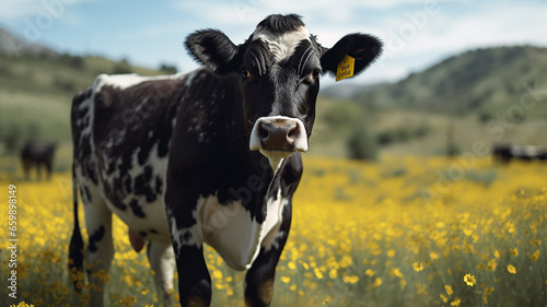 a black cow with white spots grazes on a flower meadow. © kichigin19