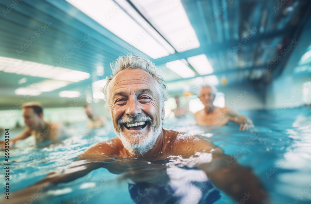 Portrait of a dynamic senior man doing group aqua-gym in a swimming pool, smiling at the camera. Generative ai